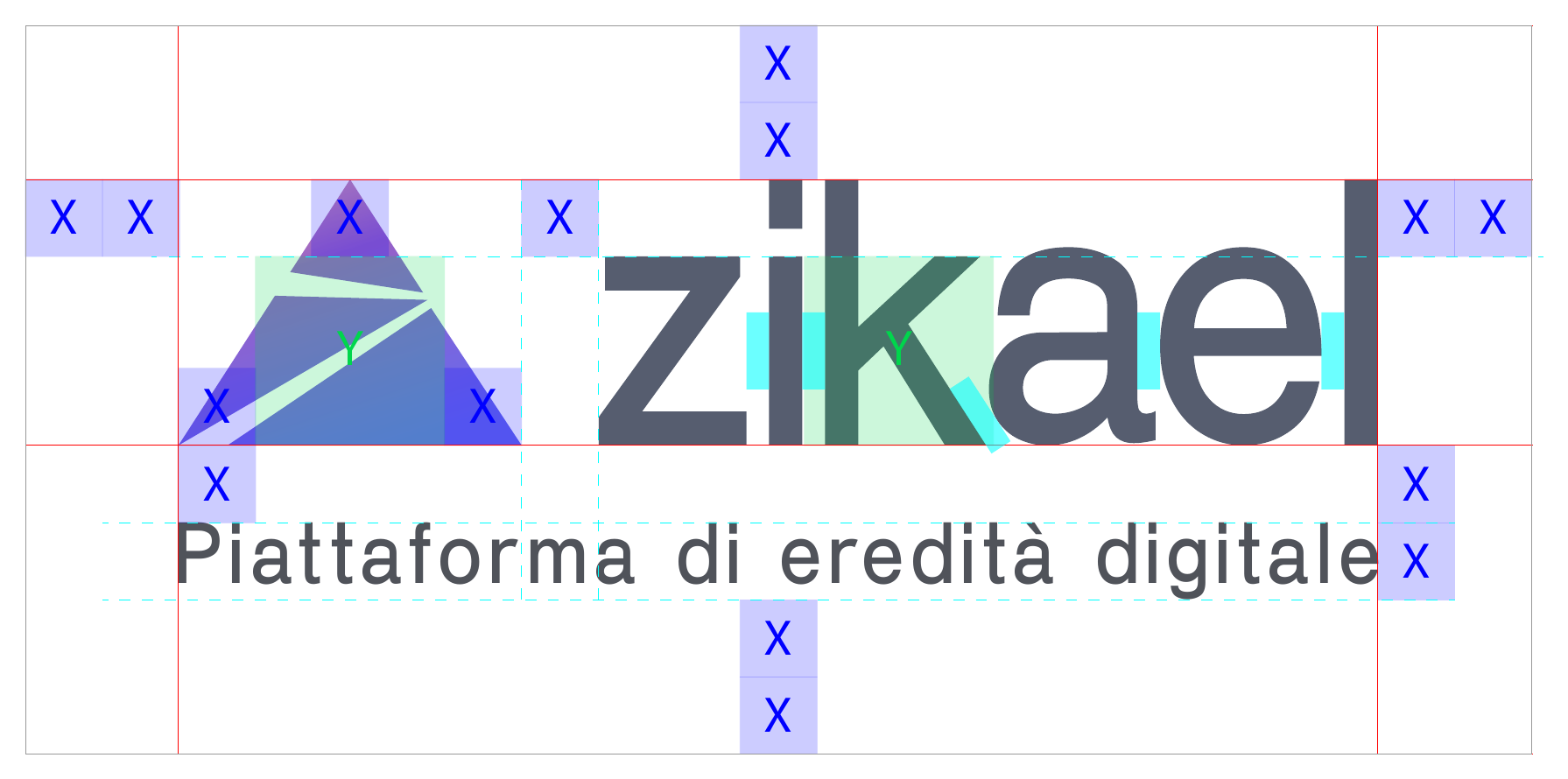 Griglia di costruzione del logo orizzontale, con le unità modulari X e Y